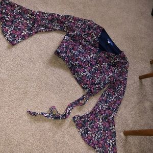 floral wrap funnel sleeve blouse